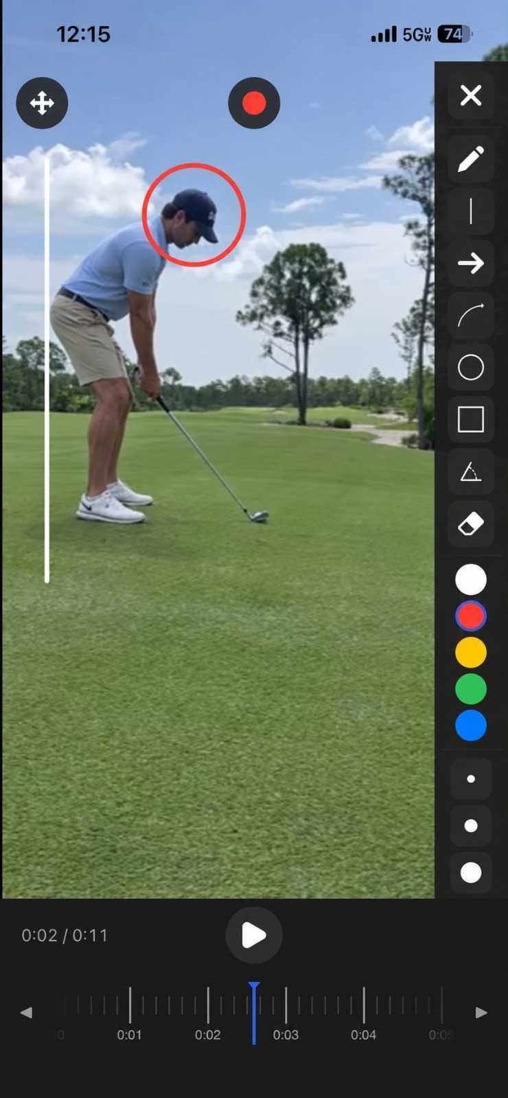 A student's swing video in TuneUp's annotation tools, with a line, a circle around the head and the drawing toolbar